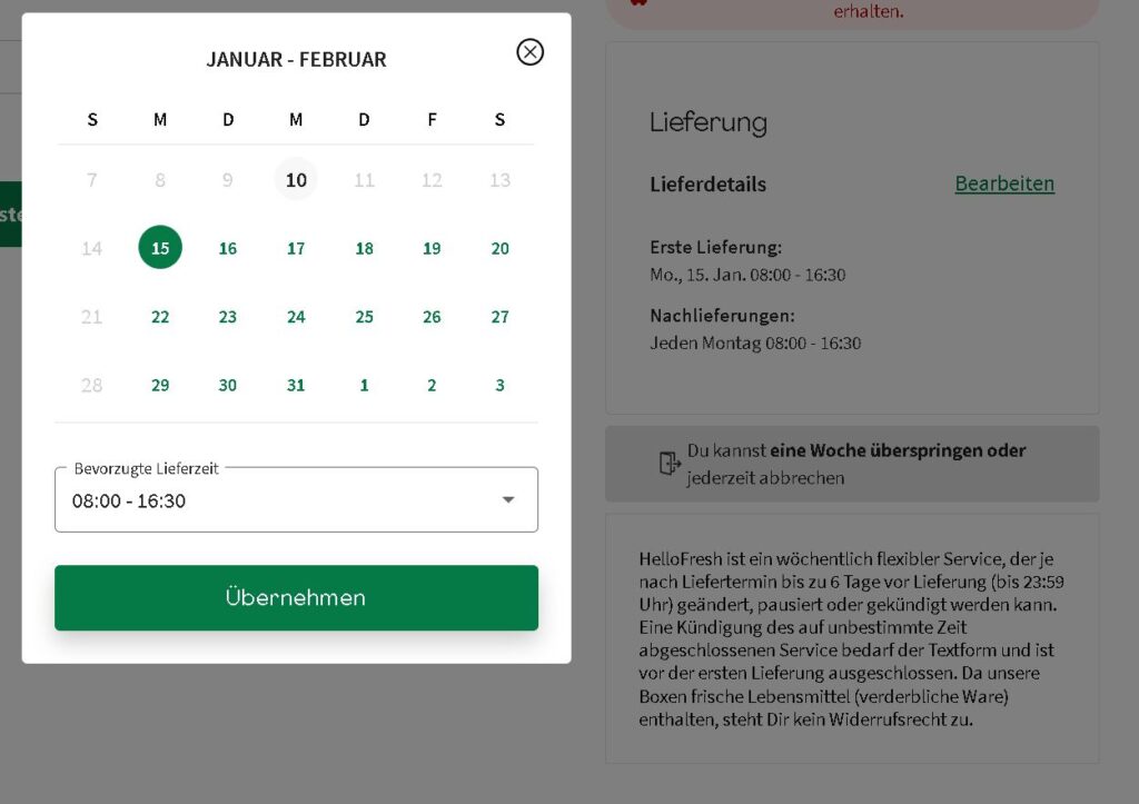 HelloFresh Lieferfenster