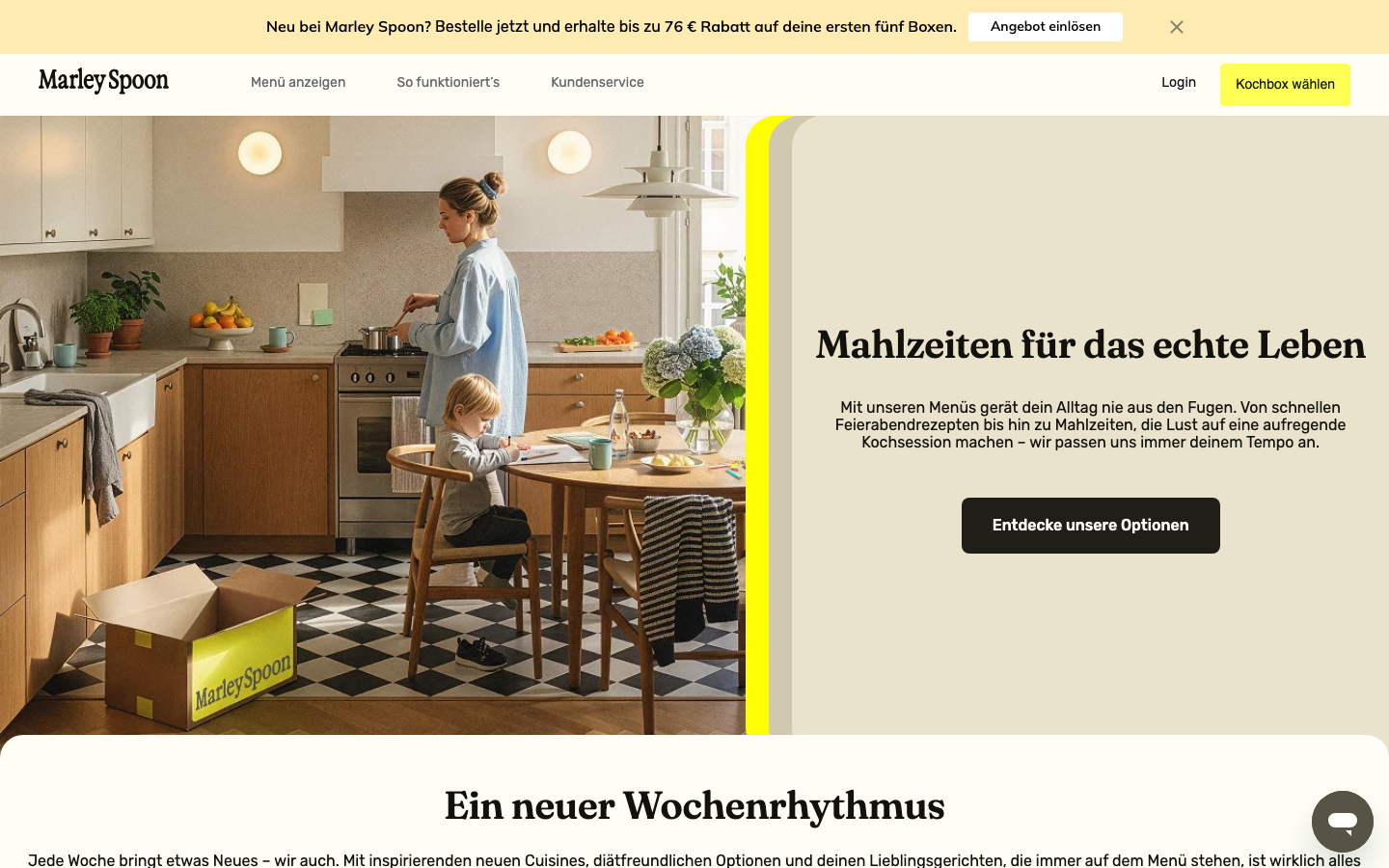Startseite von marleyspoon.de mit aktuellem Neukundenrabatt-Banner