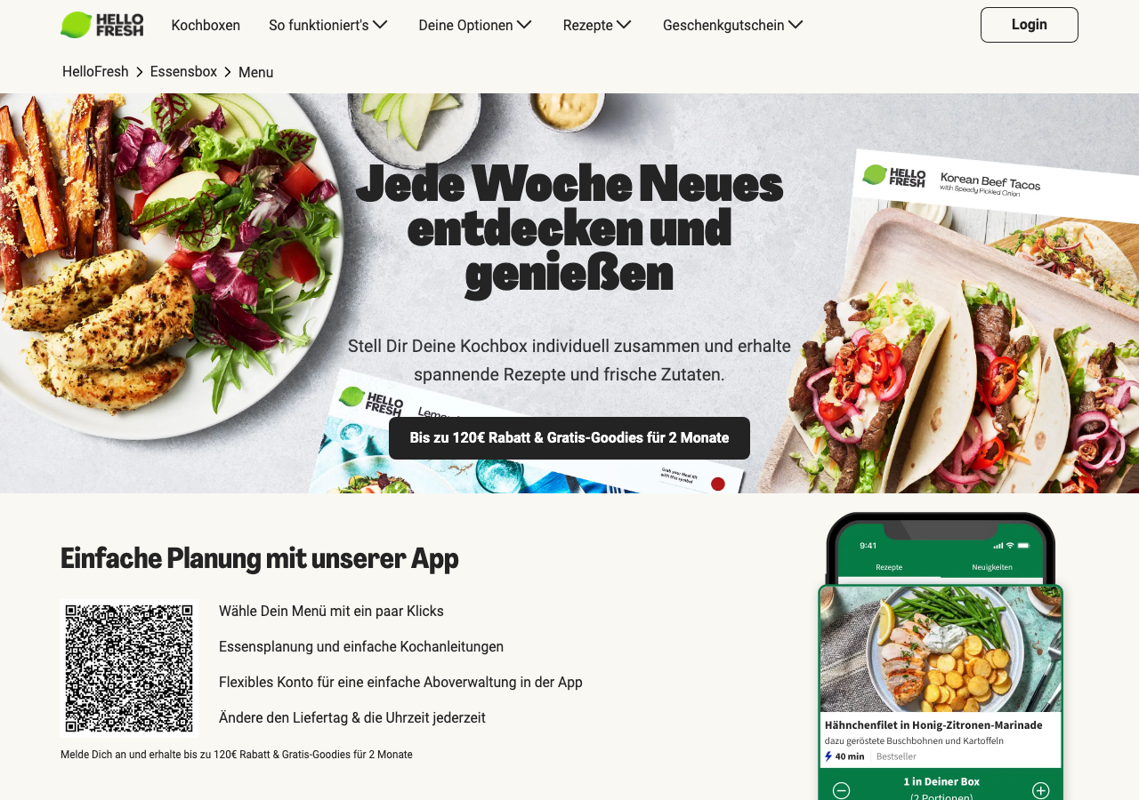 Screenshot der HelloFresh Menü- und Boxauswahl auf hellofresh.de