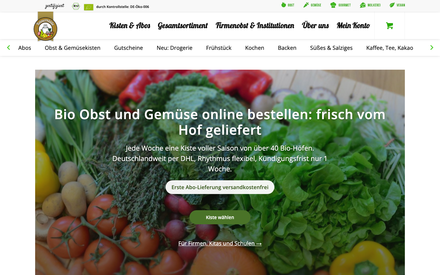 Startseite von Bauerntüte, Bio-Gemüsekiste mit Lieferung per DHL