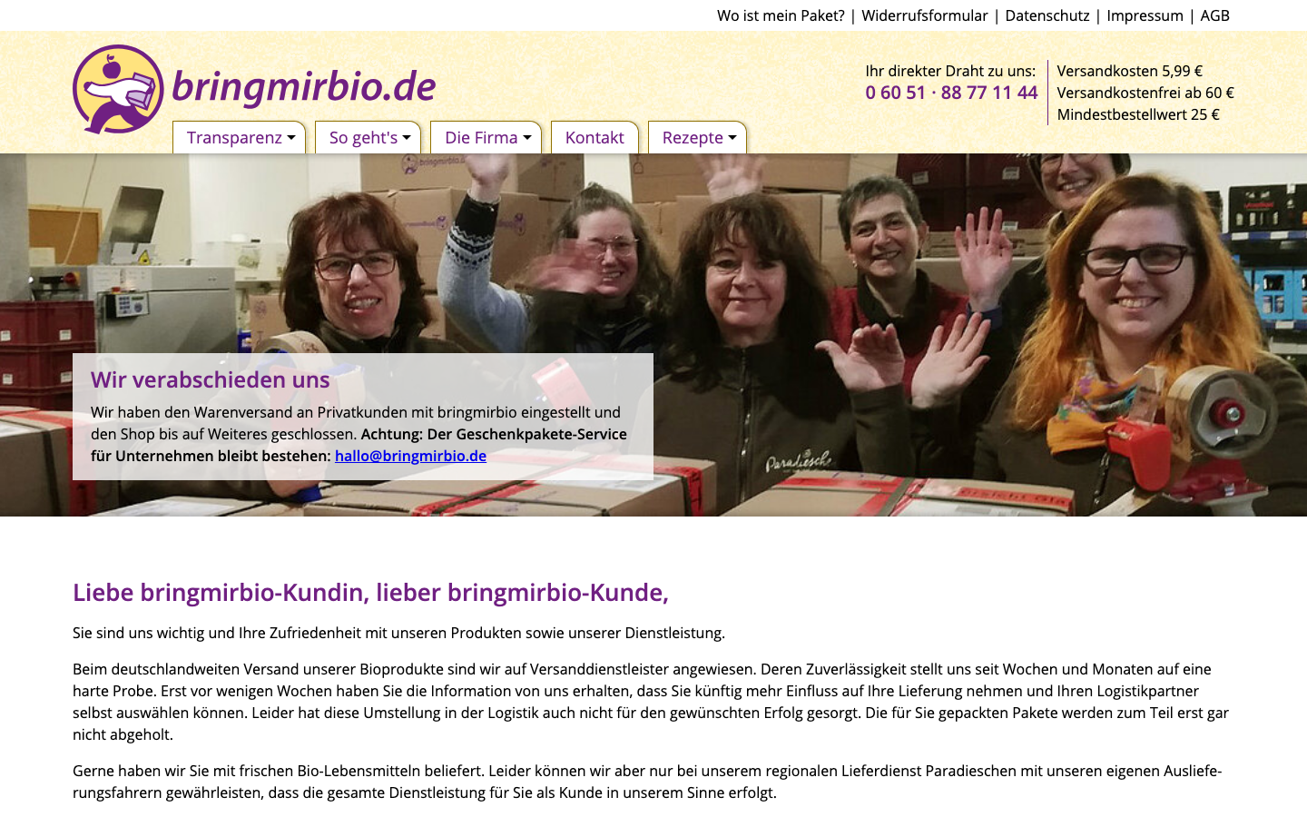 Hinweis auf bringmirbio.de, dass der Privatkunden-Shop derzeit geschlossen ist