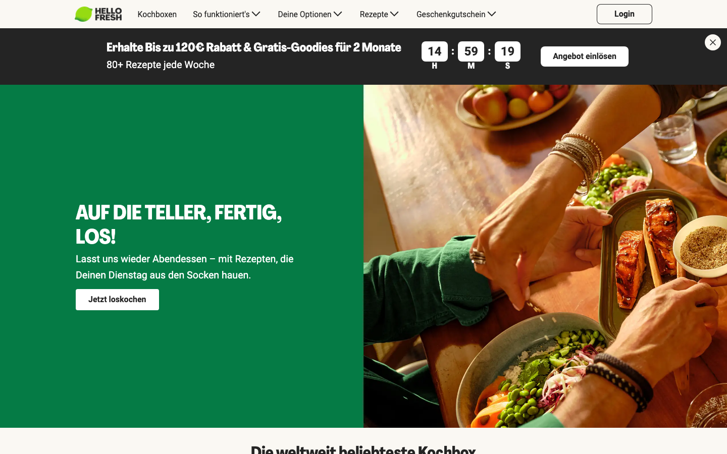 Startseite von HelloFresh, einem Essensbox-Anbieter