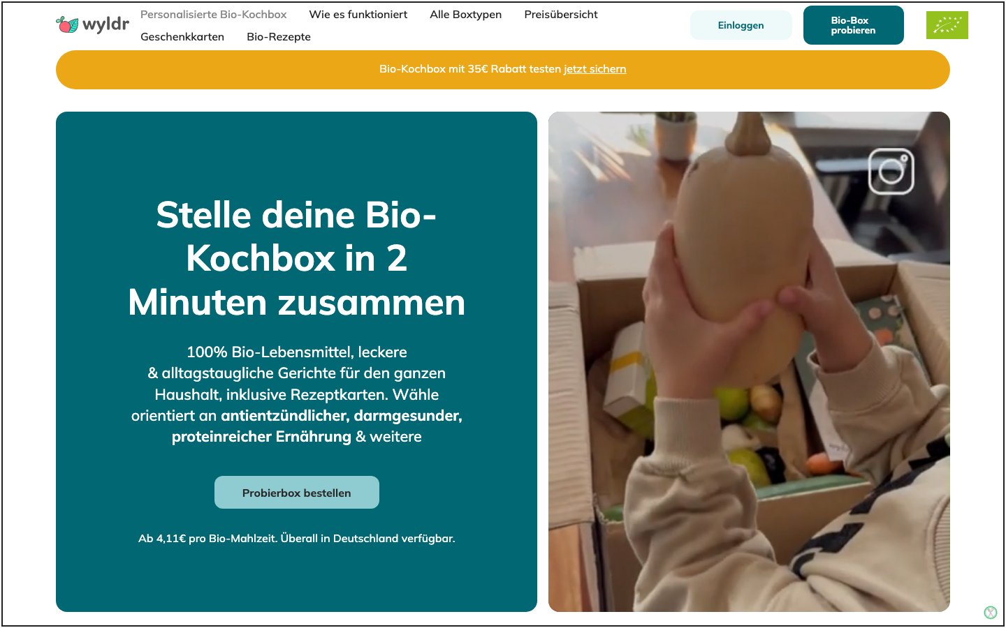 Startseite von wyldr, einem Bio-Essensbox-Anbieter