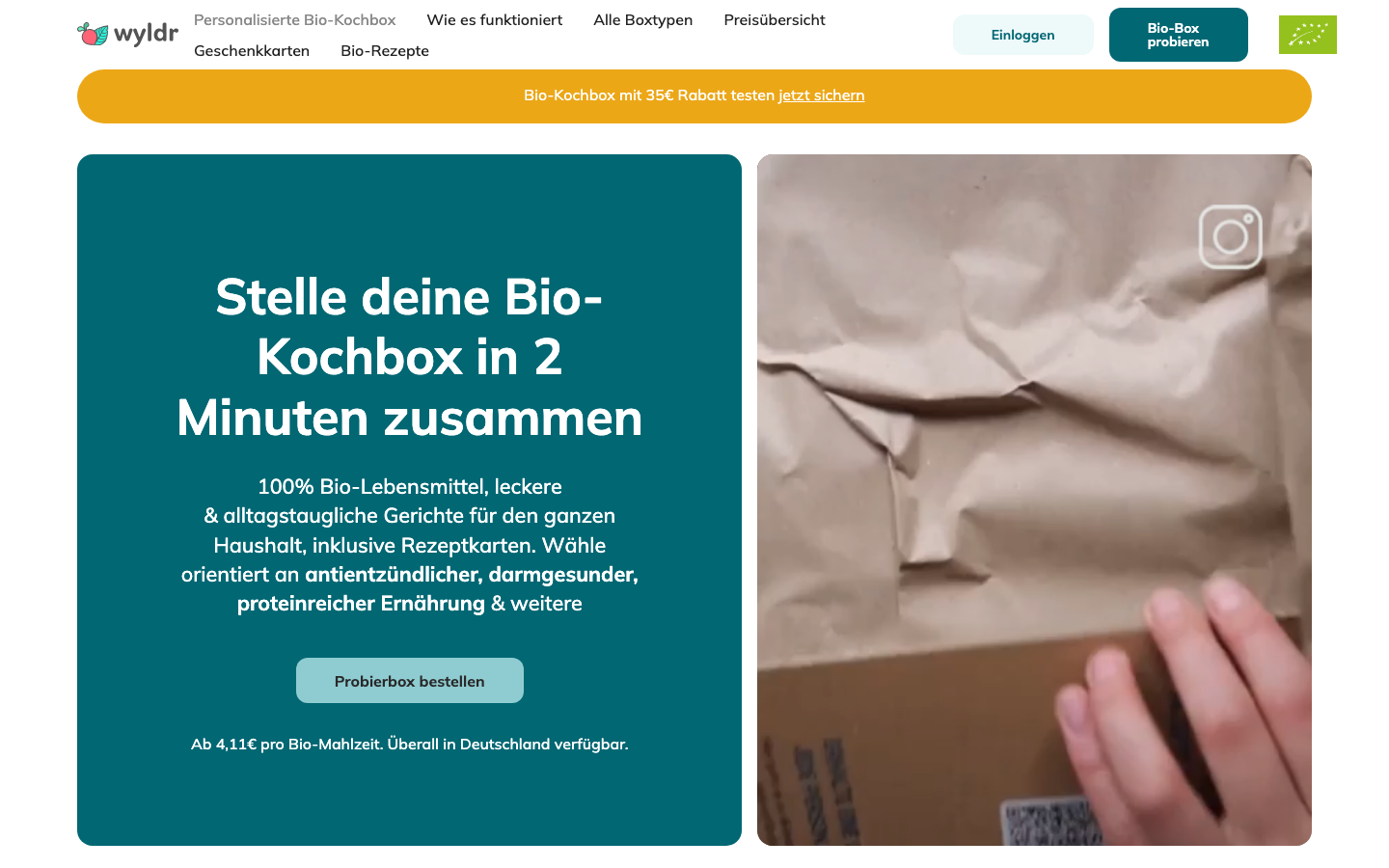 Startseite von wyldr mit Preisangabe für die Bio-Kochbox.
