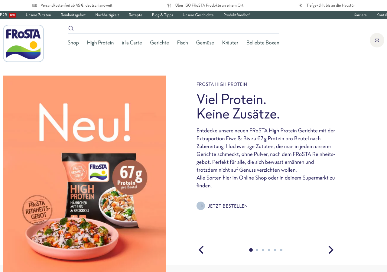 Startseite von FRoSTA mit der High-Protein-Produktlinie.