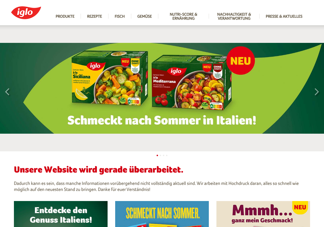 Startseite von iglo mit Gemüsegerichten und Nutri-Score-Kennzeichnung.