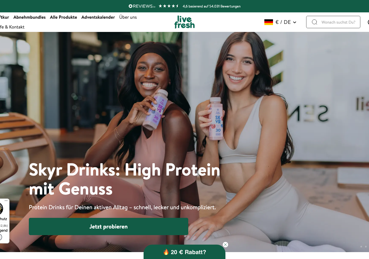 Startseite von LiveFresh mit Protein-Bowls und Trinkmahlzeiten.