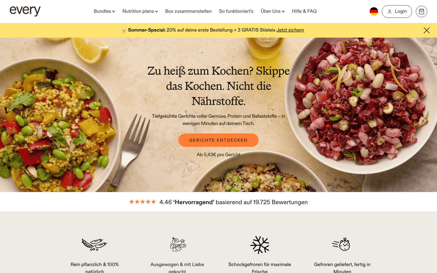 Every. Startseite mit veganen Fertiggerichten und Bewertung