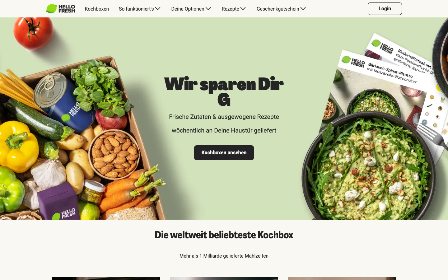 HelloFresh Startseite mit Kochbox-Angebot und Rezeptkarten