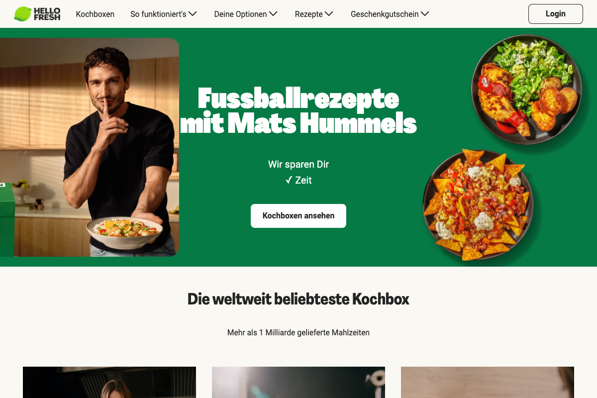 HelloFresh Website – Startseite der Kochbox für Familien