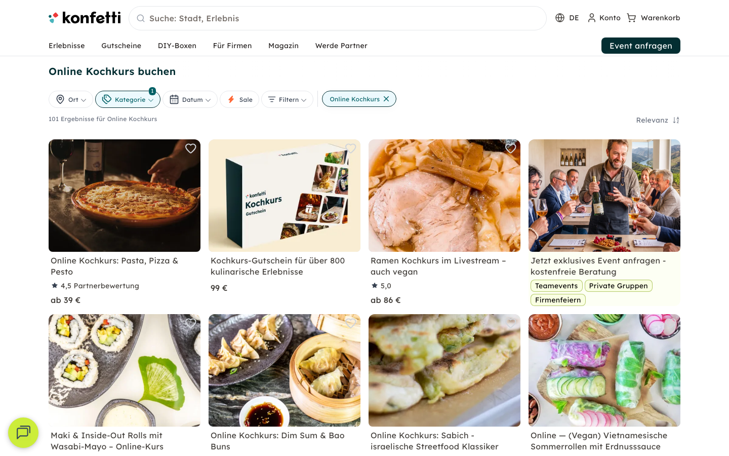 Konfetti Marktplatz mit Online-Kochkursen verschiedener Anbieter