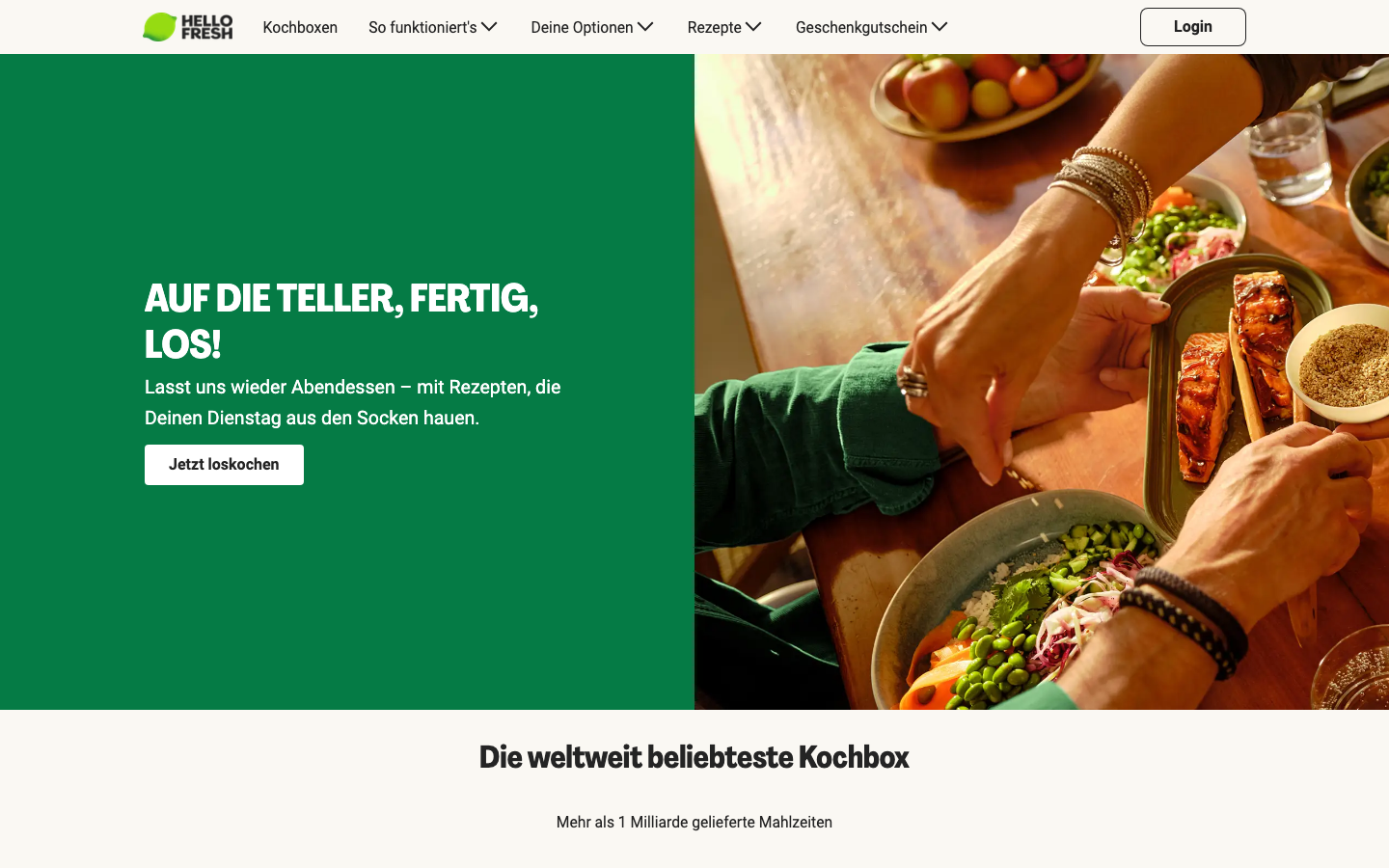 Startseite von HelloFresh, einer every-Alternative mit klassischer Kochbox
