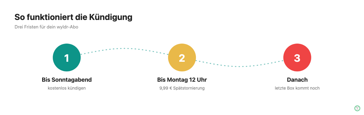 Zeitstrahl der wyldr-Kündigungsfrist: kostenlos bis Sonntagabend, Spätstornierung bis Montag 12 Uhr für 9,99 Euro