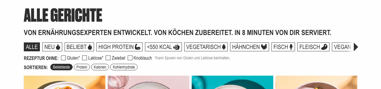 Juit Gerichte-Filter nach Ernährungsziel und Unverträglichkeiten (vegetarisch, high protein, glutenfrei)