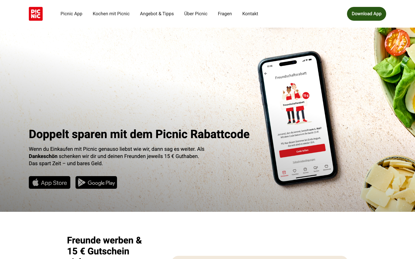 Picnic-Website mit dem Freundschaftsrabatt: eigener Code aus der App, den du mit Freunden teilen kannst