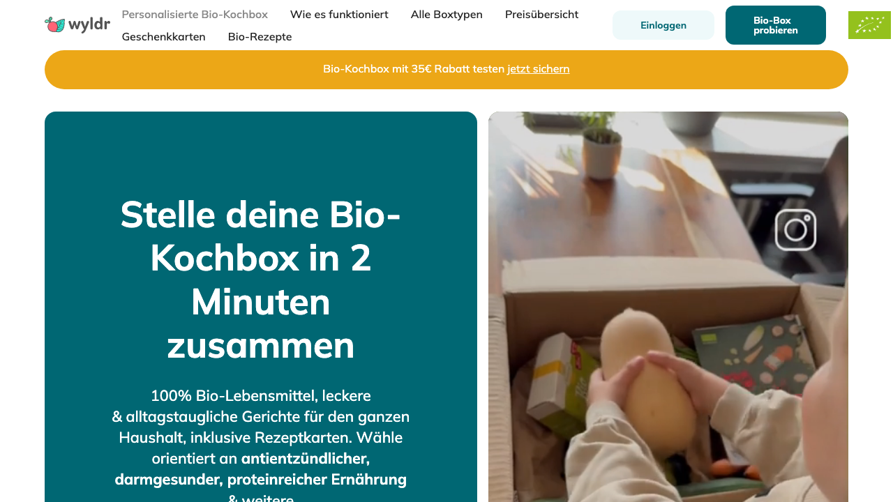 wyldr Bio-Kochbox für Paare: Homepage Screenshot 2026