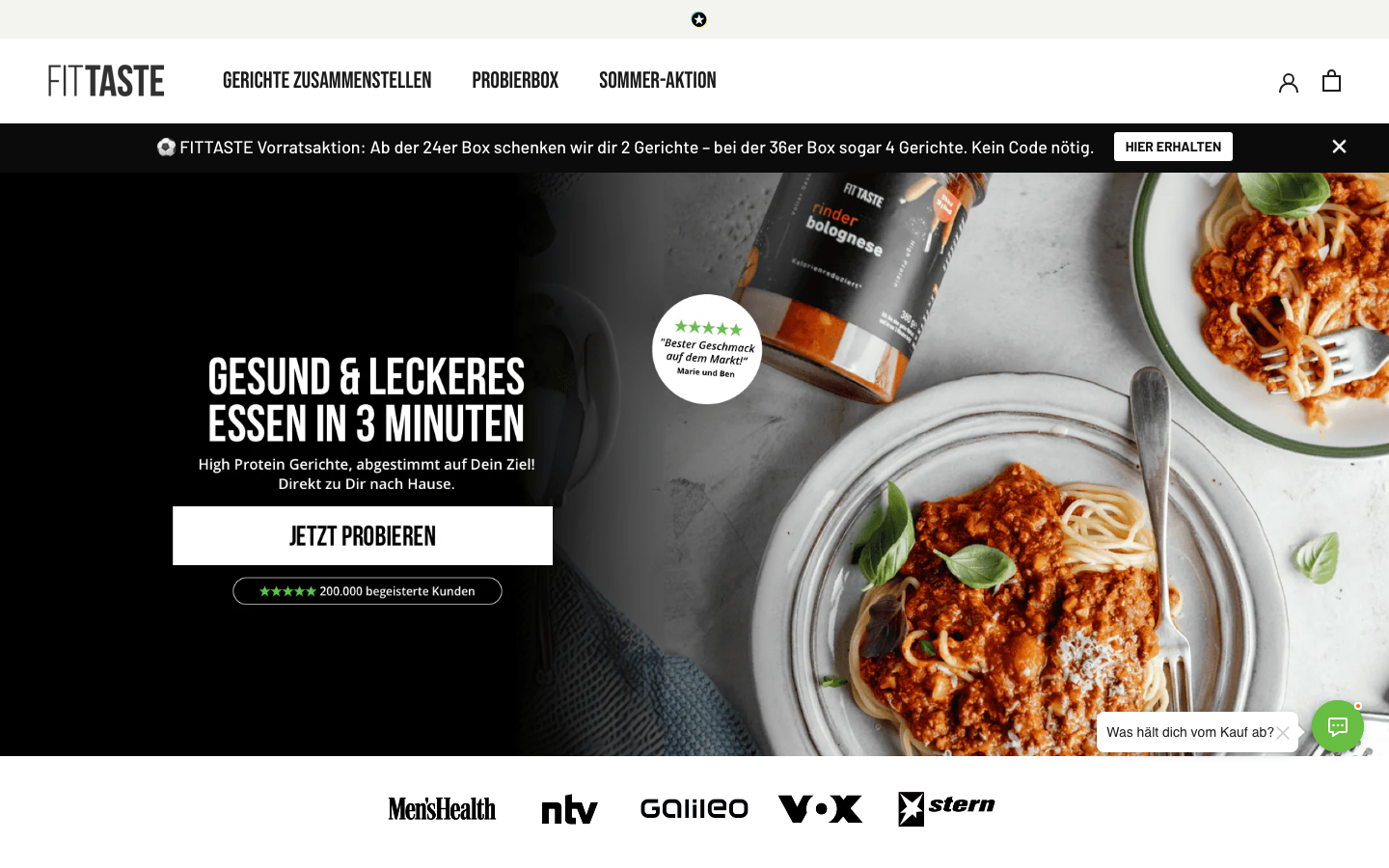 FITTASTE Startseite mit veganen Fertiggerichten im Glas