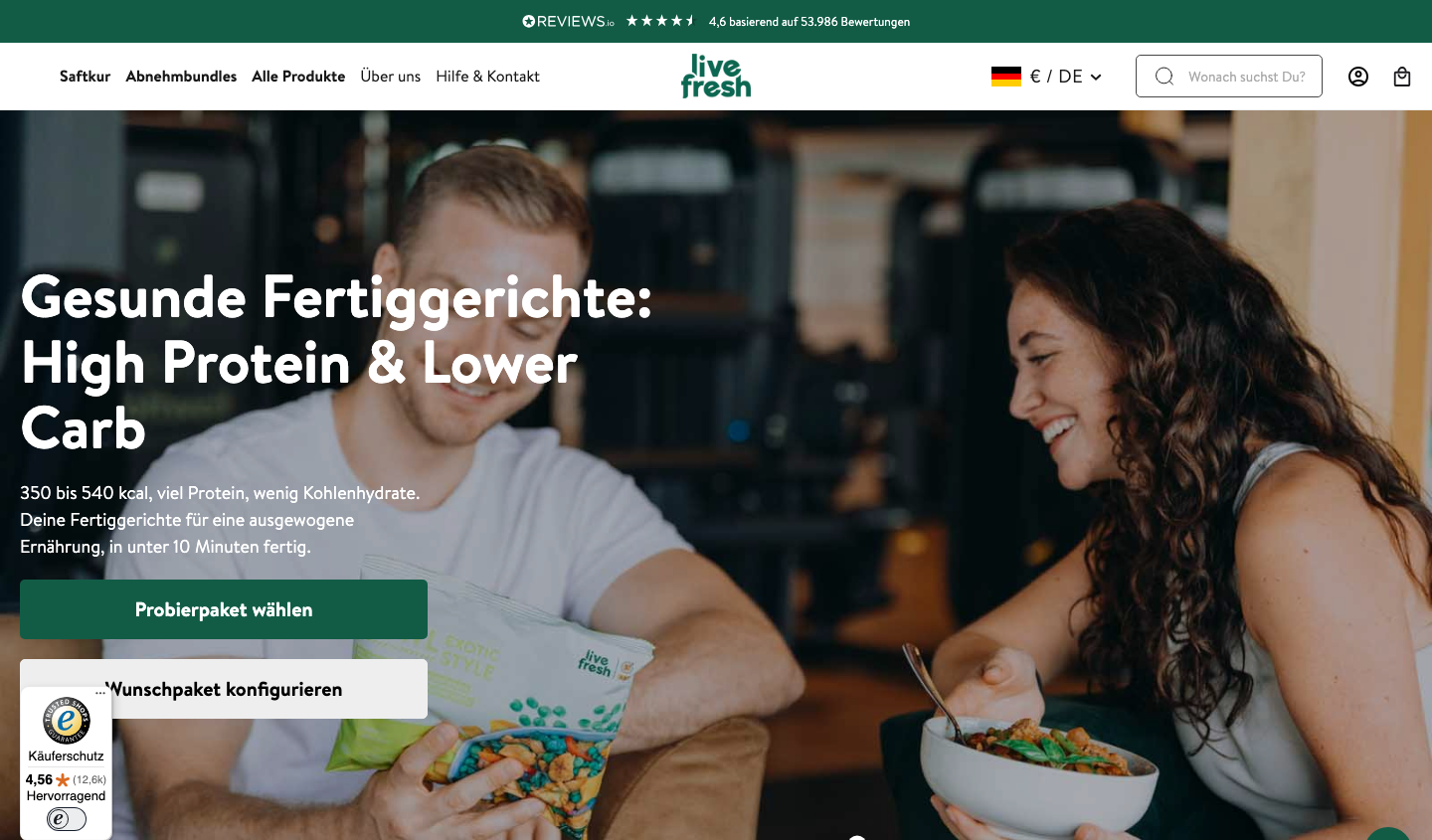 livefresh Startseite mit High-Protein-und-Lower-Carb-Fertiggerichten