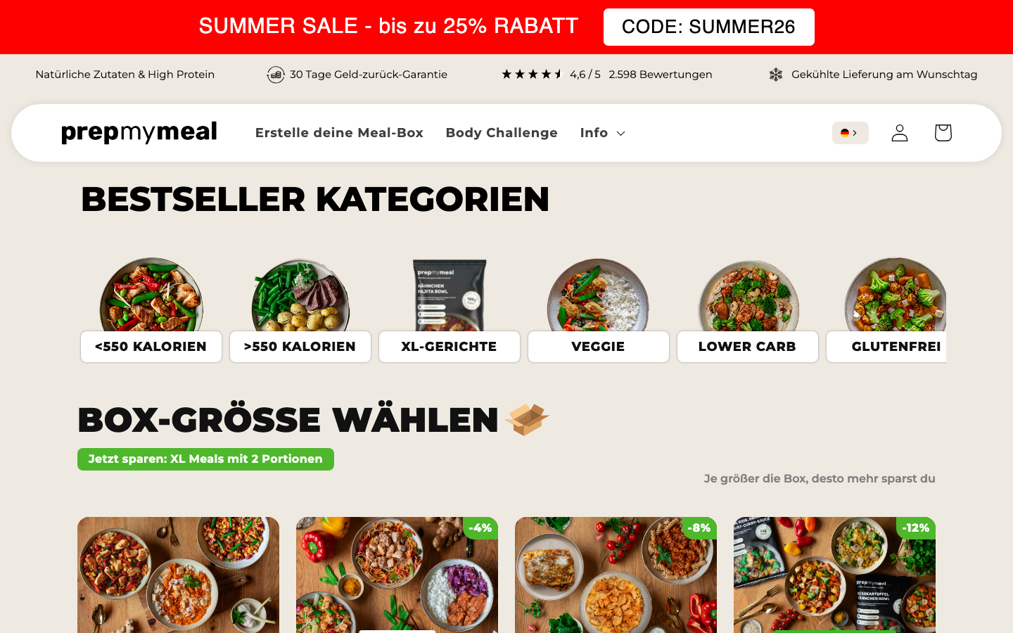 Prepmymeal Startseite mit Boxgrößen und Lower-Carb-Kategorie