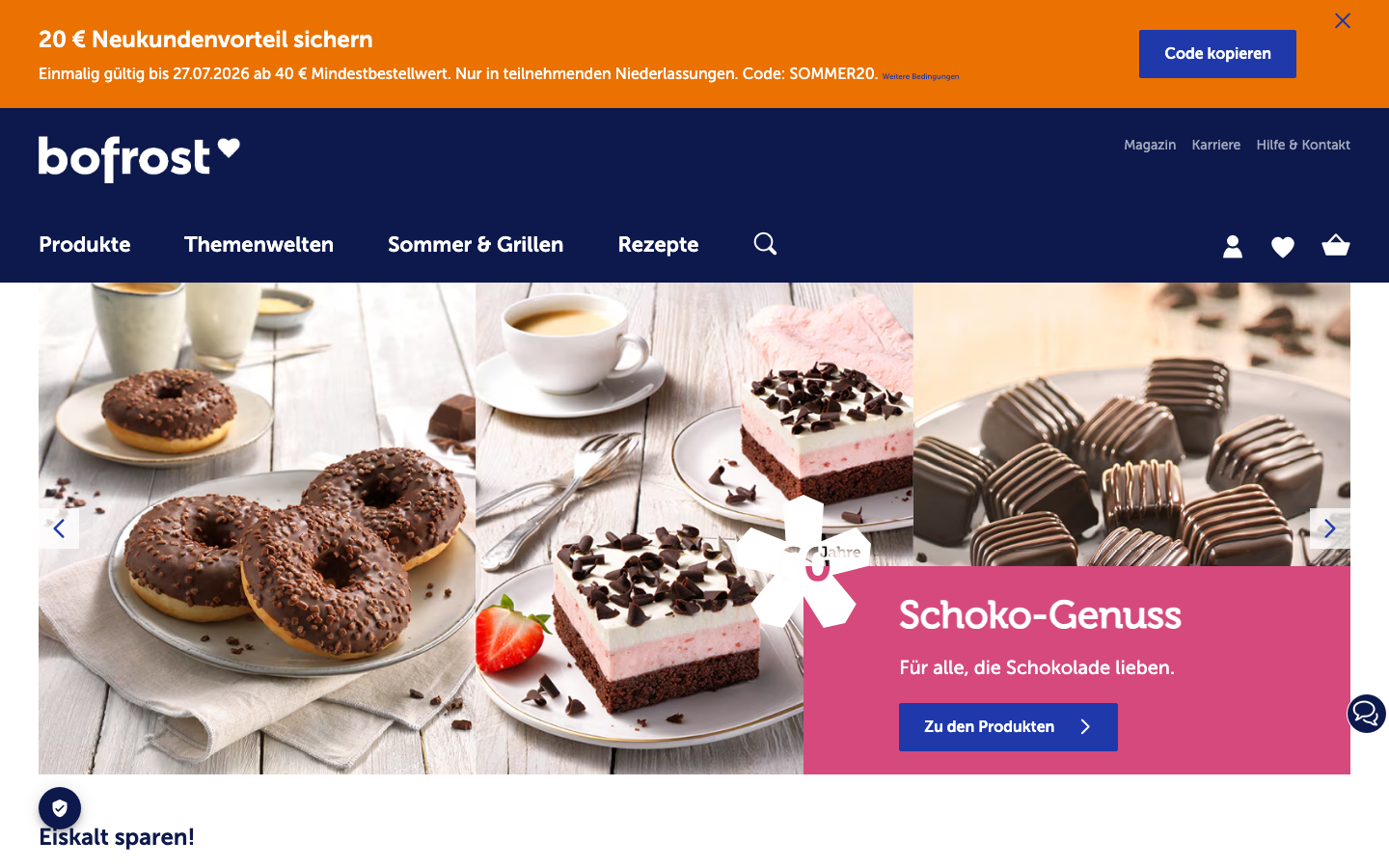 bofrost Startseite mit Tiefkühlgerichten