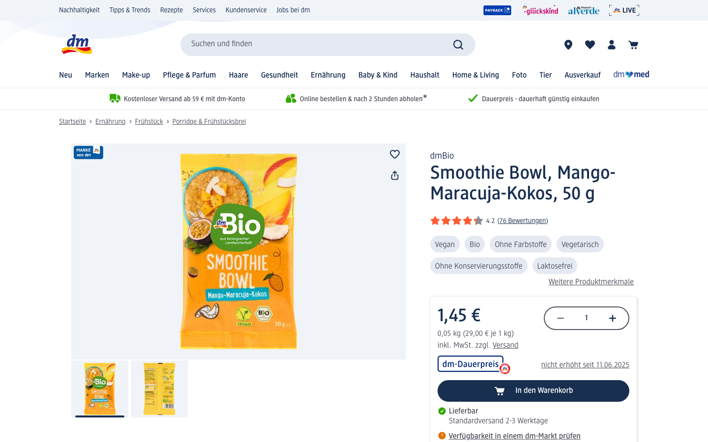 dmBio Smoothie Bowl Mango-Maracuja-Kokos Produktseite bei dm.de