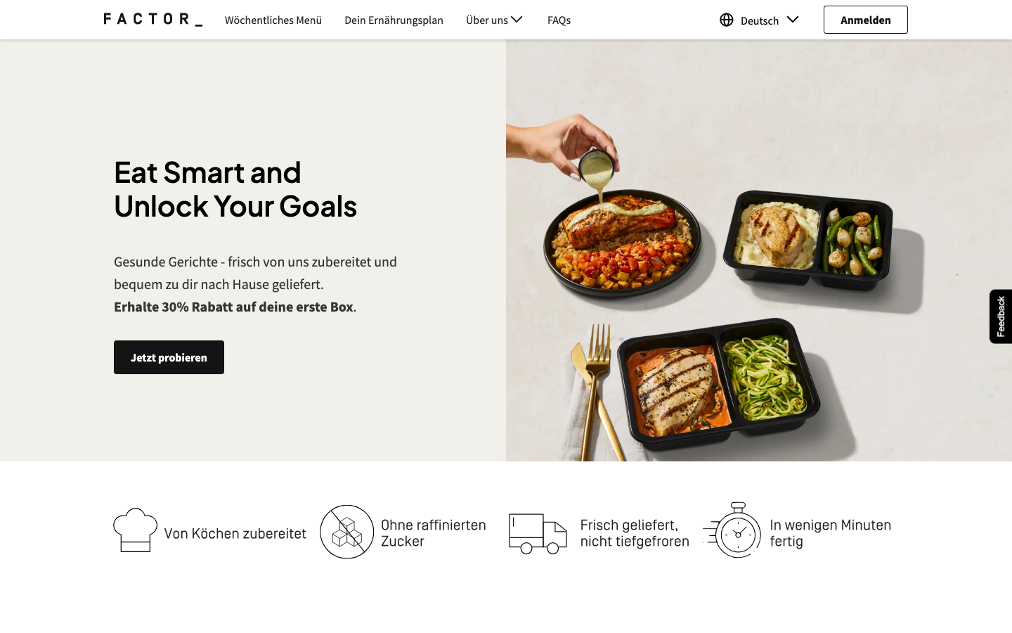 Factor Startseite mit Keto-Mahlzeiten und Neukundenrabatt