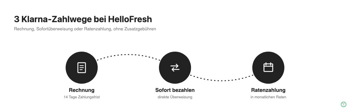 Die drei Klarna-Zahlwege bei HelloFresh: Rechnung, Sofort bezahlen, Ratenzahlung