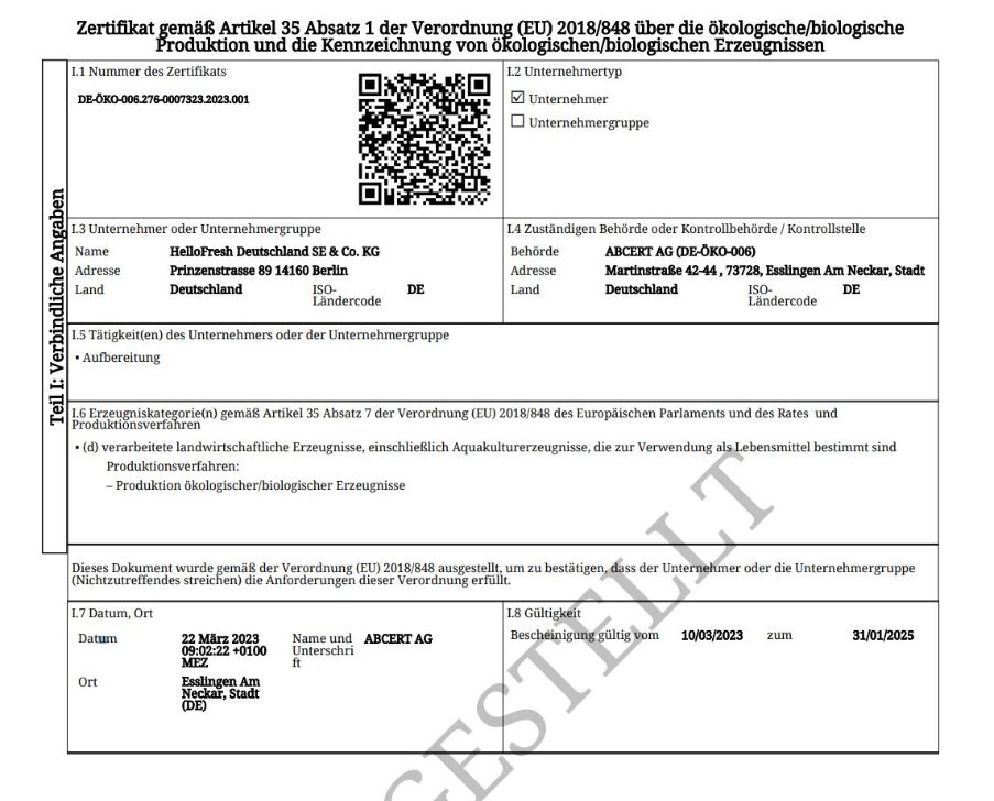 Bio-Zertifkat der HelloFresh Deutschland SE & Co. KG