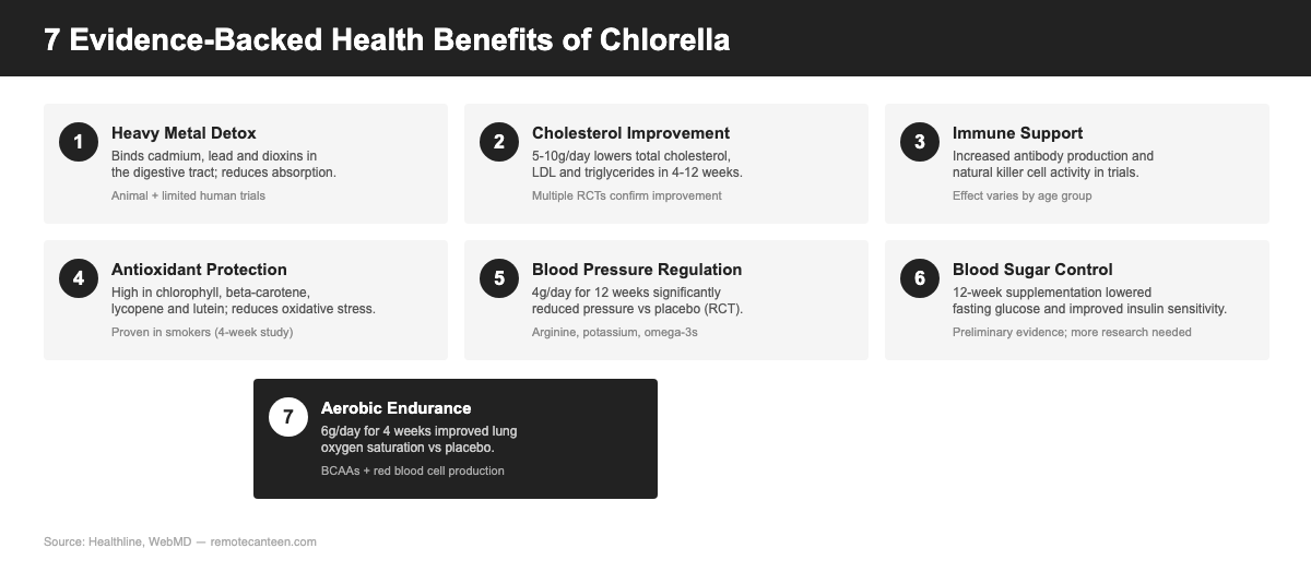Infographic showing 7 evidence-backed health benefits of chlorella including heavy metal detox, cholesterol improvement, immune support, antioxidant protection, blood pressure regulation, blood sugar control, and aerobic endurance