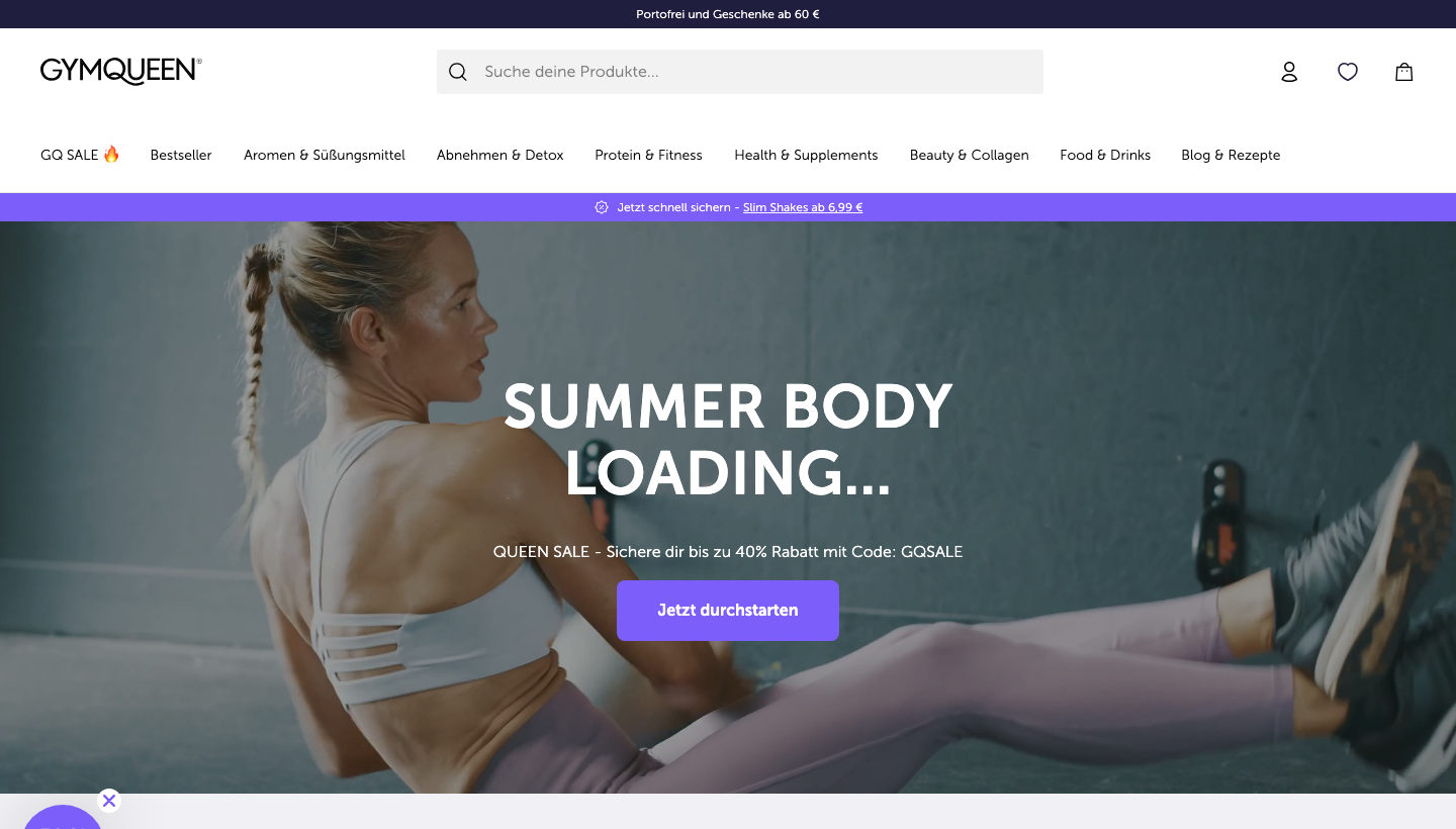 Die GymQueen-Website mit Fitness-Lifestyle-Fokus und Summer Body Loading Banner
