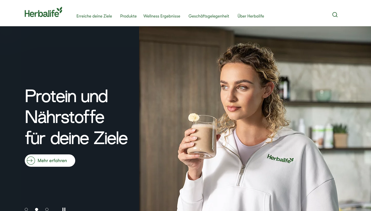 Die Herbalife-Website mit dem Slogan Protein und Nährstoffe für deine Ziele