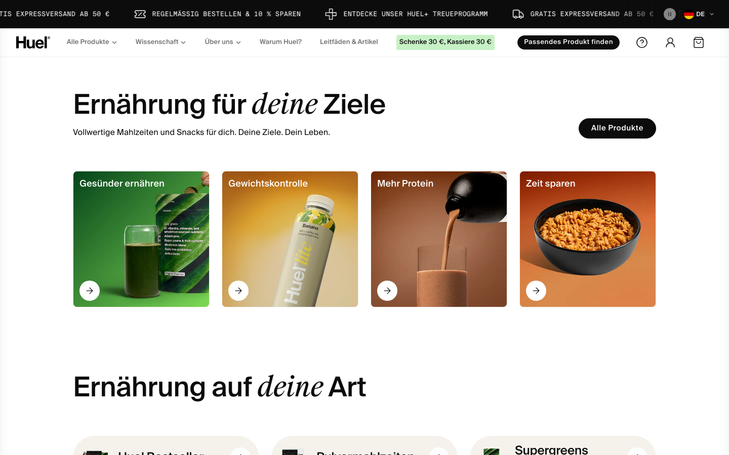 Huel Startseite – Mahlzeitenersatz Übersicht