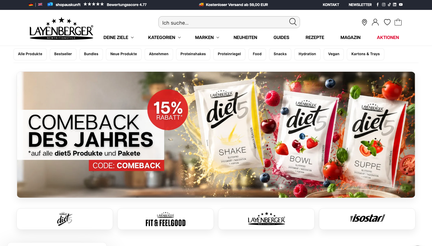 Die Layenberger-Website zeigt das Diet Shake und Bowl Sortiment