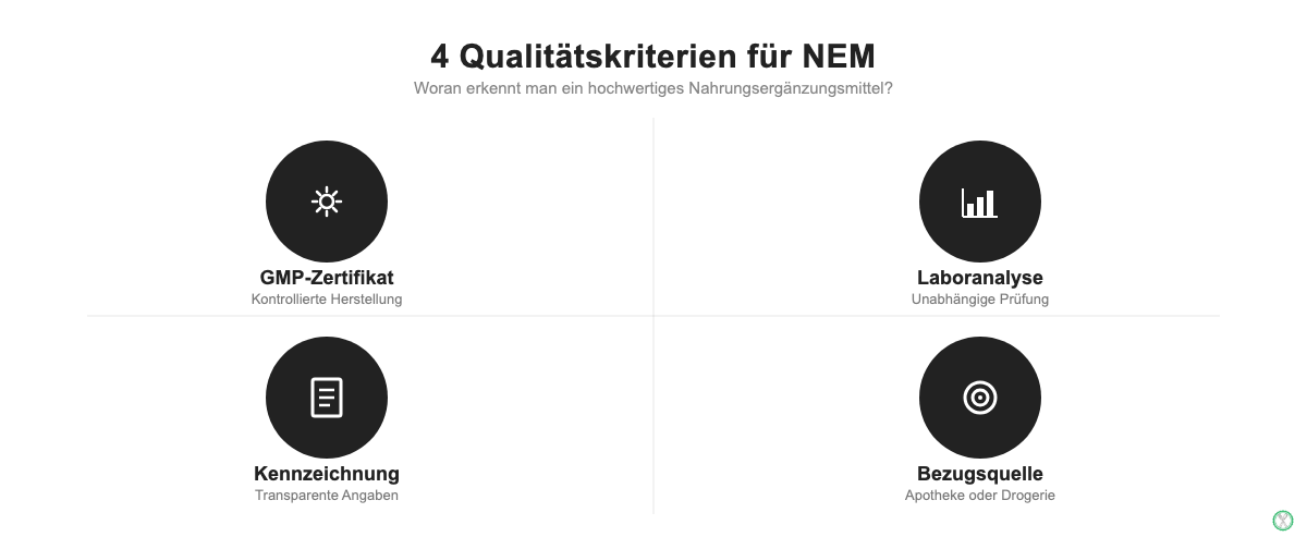 Infografik: 4 Qualitätskriterien für Nahrungsergänzungsmittel im Überblick