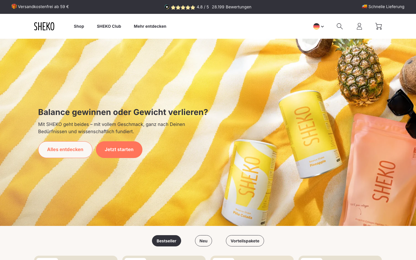 Startseite des Sheko Onlineshops mit Balance Shake Produkten und Kundenbewertung