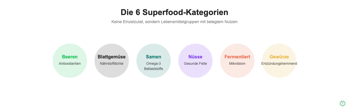 Die 6 Superfood-Kategorien: Beeren, Blattgemüse, Samen, Nüsse, Fermentiert, Gewürze