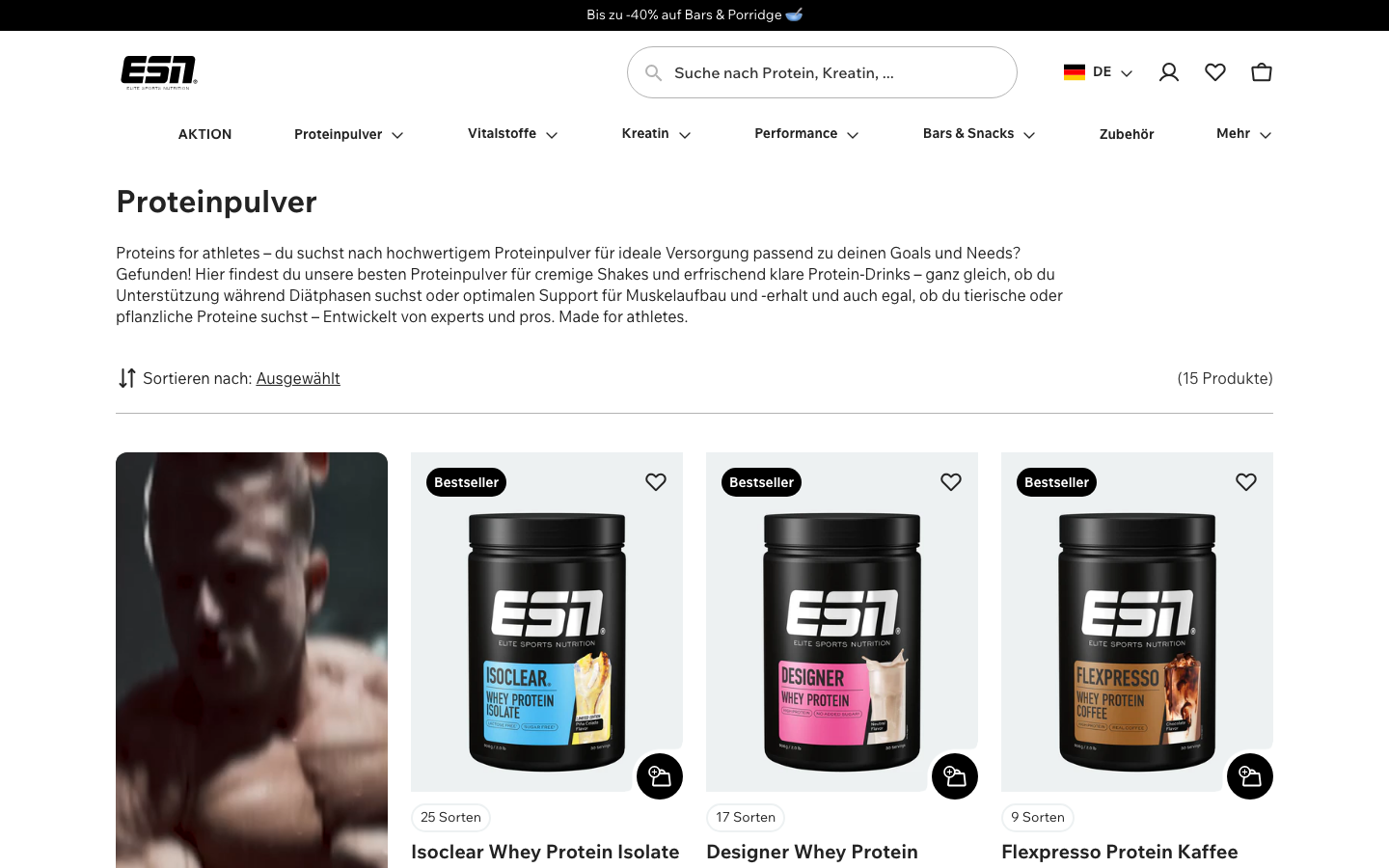ESN Proteinpulver Kategorienseite mit Isoclear Whey Isolate und Designer Whey