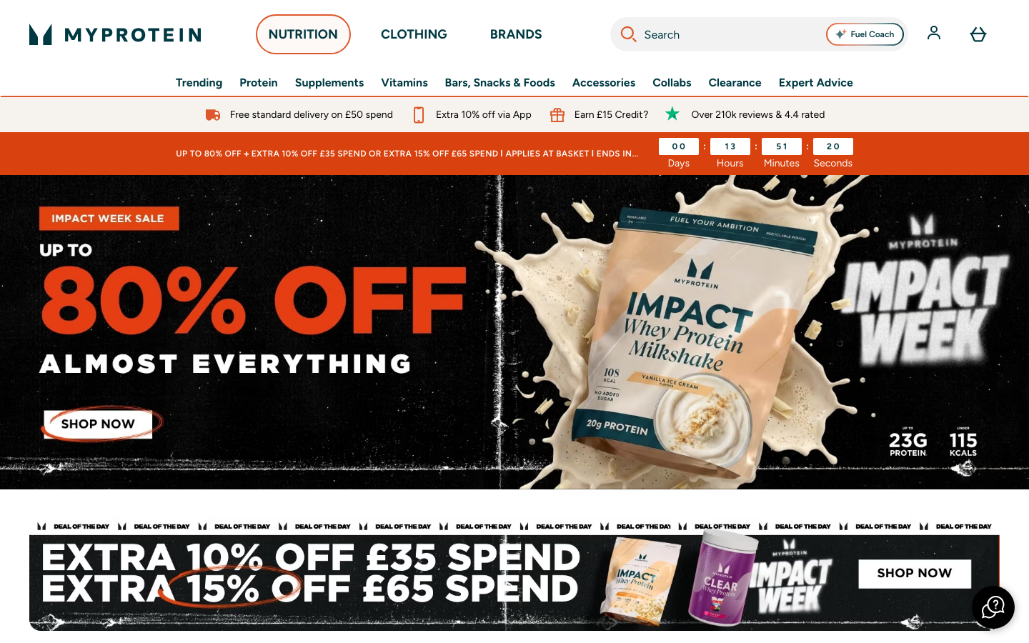 Myprotein Homepage mit Impact Whey Protein Produkt