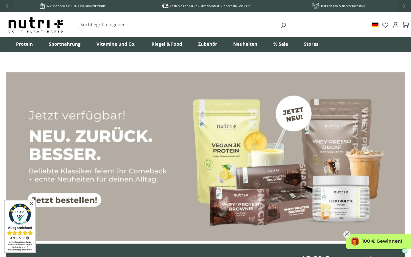 Nutri+ Onlineshop mit Vegan 3K Protein und veganen Proteinpulvern