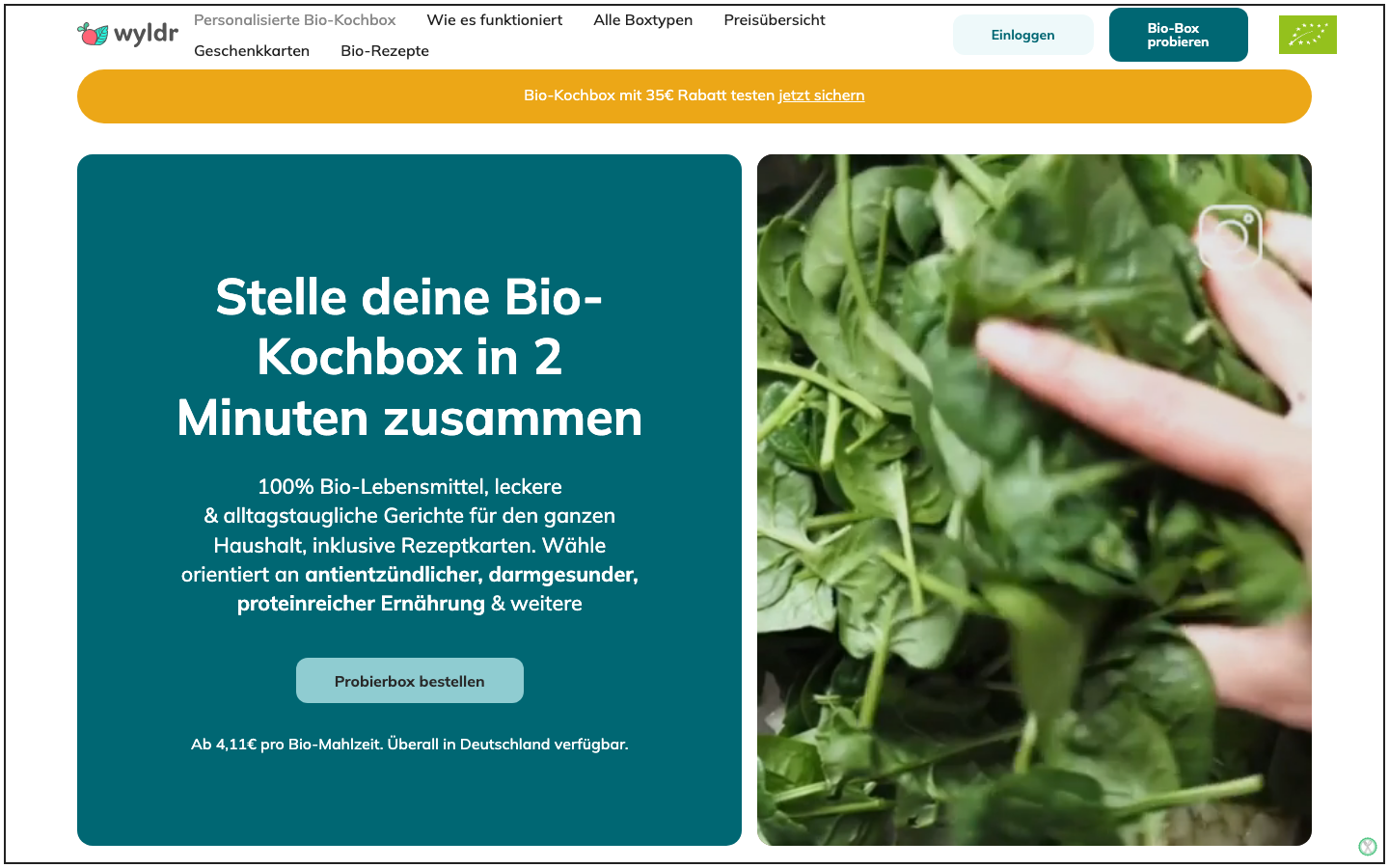 Startseite von wyldr mit Bio-Kochbox-Angebot
