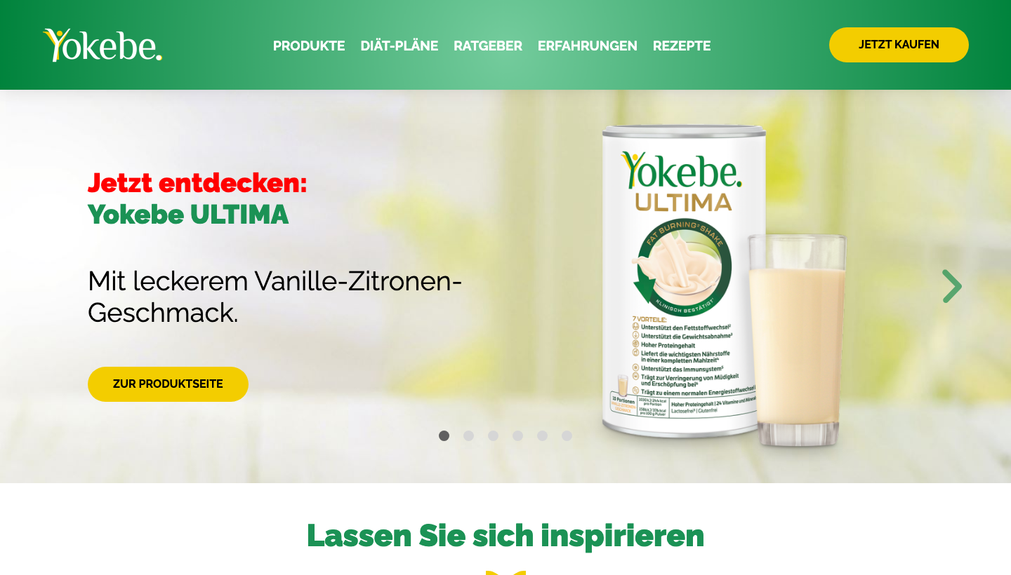Die Yokebe-Website mit dem Yokebe ULTIMA Produkt und Diätplan-Übersicht