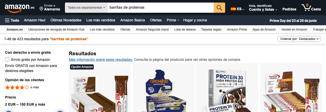 Resultados de barritas de proteinas en Amazon ES con marcas como Grenade y Protein 30