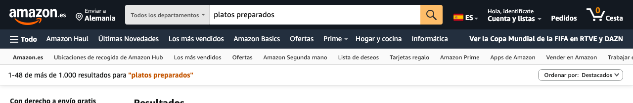 Búsqueda de platos preparados en Amazon ES con más de 1.000 resultados