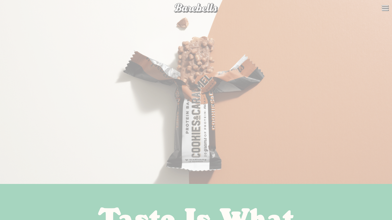 Barebells startsida med proteinbar Cookies and Cream