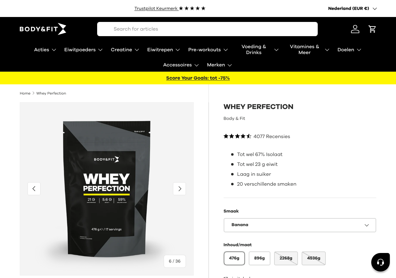 Productpagina van Body&Fit Whey Perfection met eiwit per shake en aantal reviews