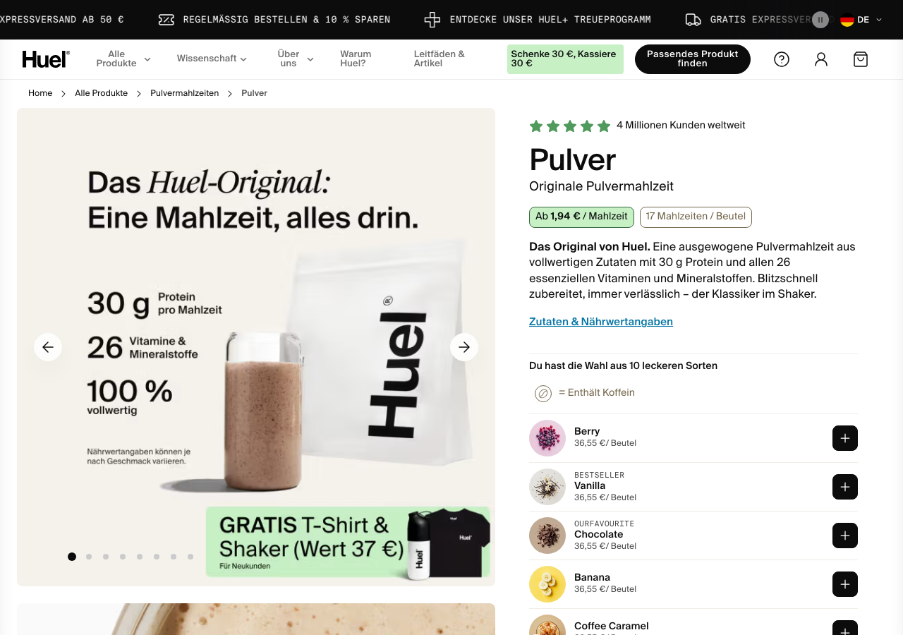 Página de producto de Huel mostrando el batido sustitutivo en polvo con sus datos nutricionales