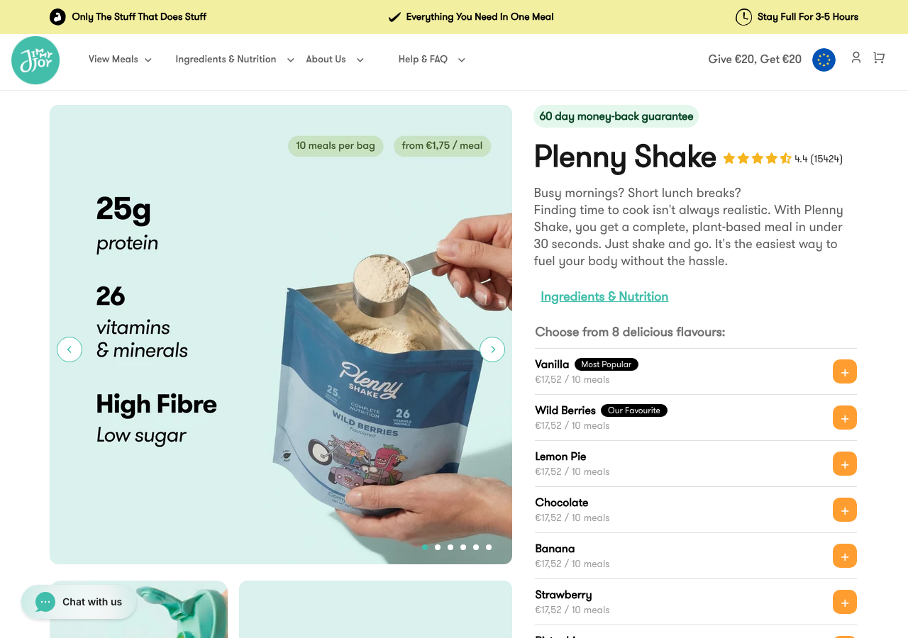 Página de producto de Jimmy Joy Plenny Shake con 8 sabores y precio por comida