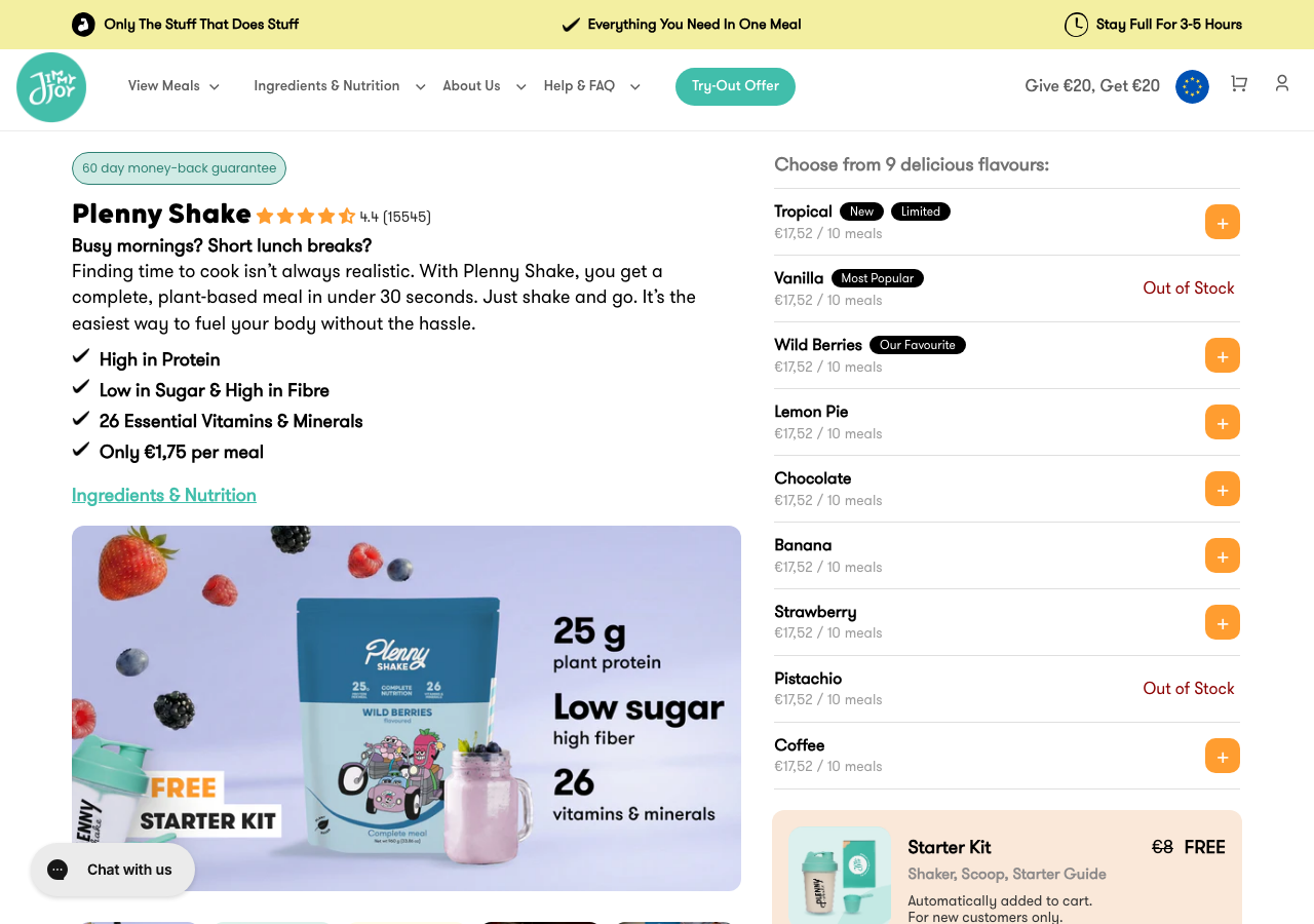 Página de producto de Jimmy Joy Plenny Shake con proteína, vitaminas y precio por comida