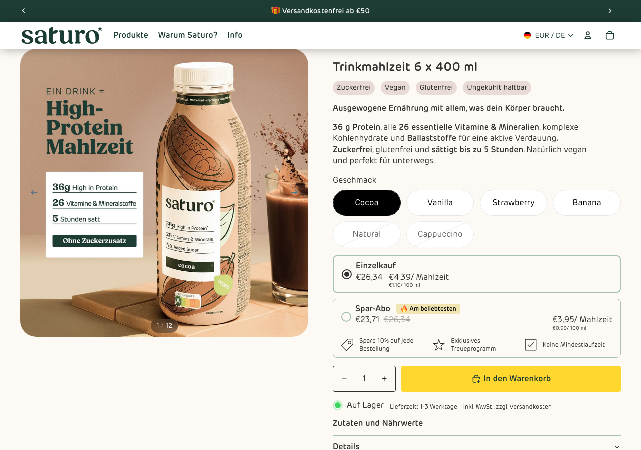 Página de producto de Saturo mostrando la botella lista para beber y sus datos nutricionales