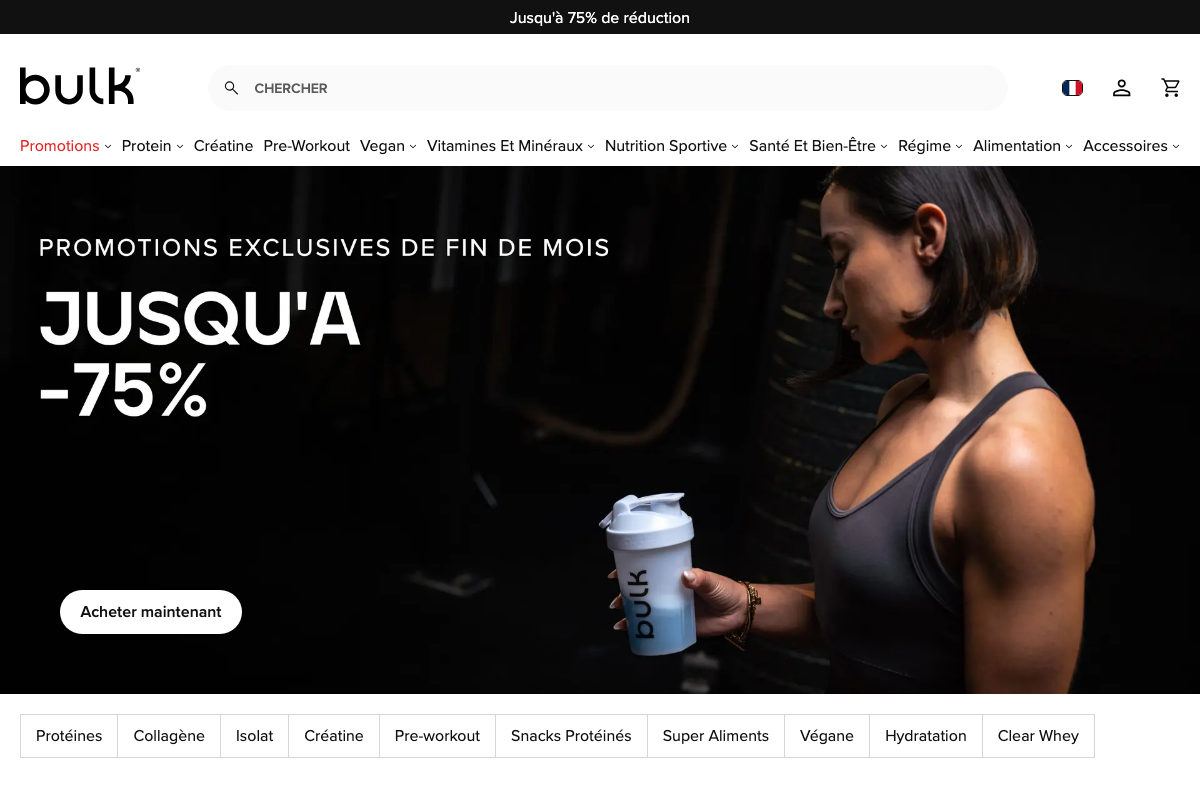 Aperçu du site bulk.com/fr avec sa gamme de compléments alimentaires disponibles en France